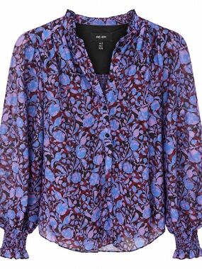 ME+EM Women’s US 4 Blue Purple Floral Cotton Silk Blouse Ruffle Top AW23